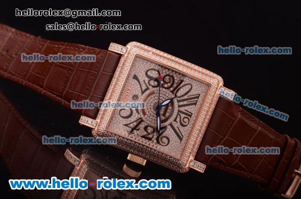 Franck Muller Conquistador King Automatic Rose Gold Case with Diamond Bezel/Dial Brown Leather Strap - Click Image to Close